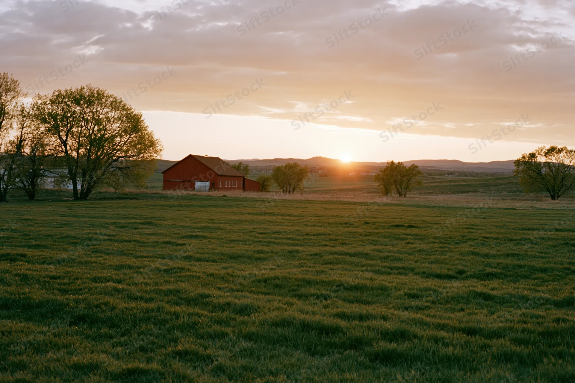 Red barn in a wide green pasture at sunset