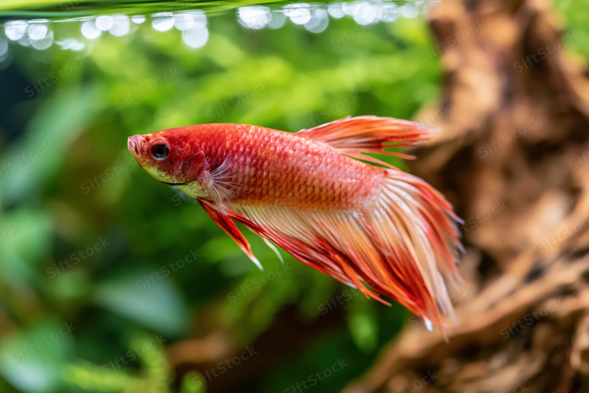 Red betta fish swimming midwater in a planted aquarium with driftwood and green plants