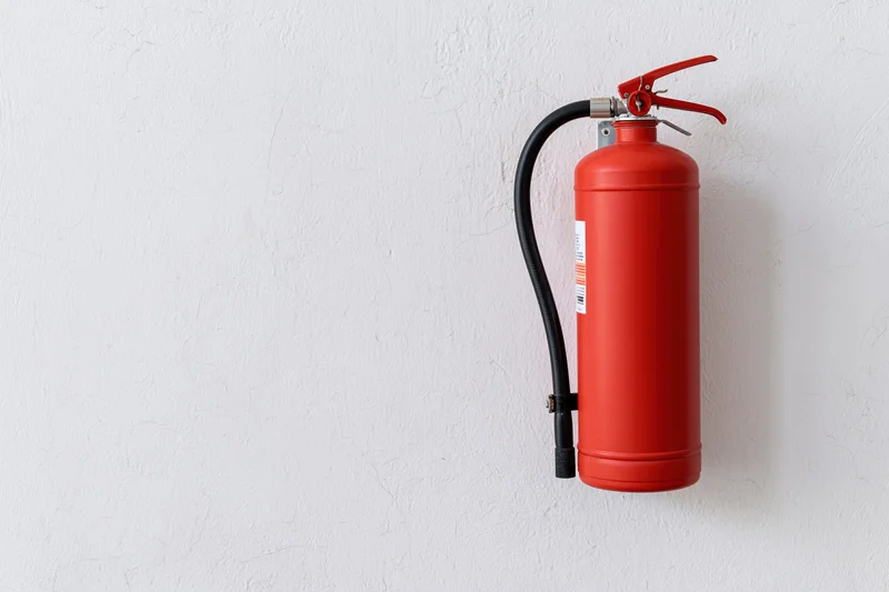 Red dry chemical powder fire extinguisher mounted on a white textured wall