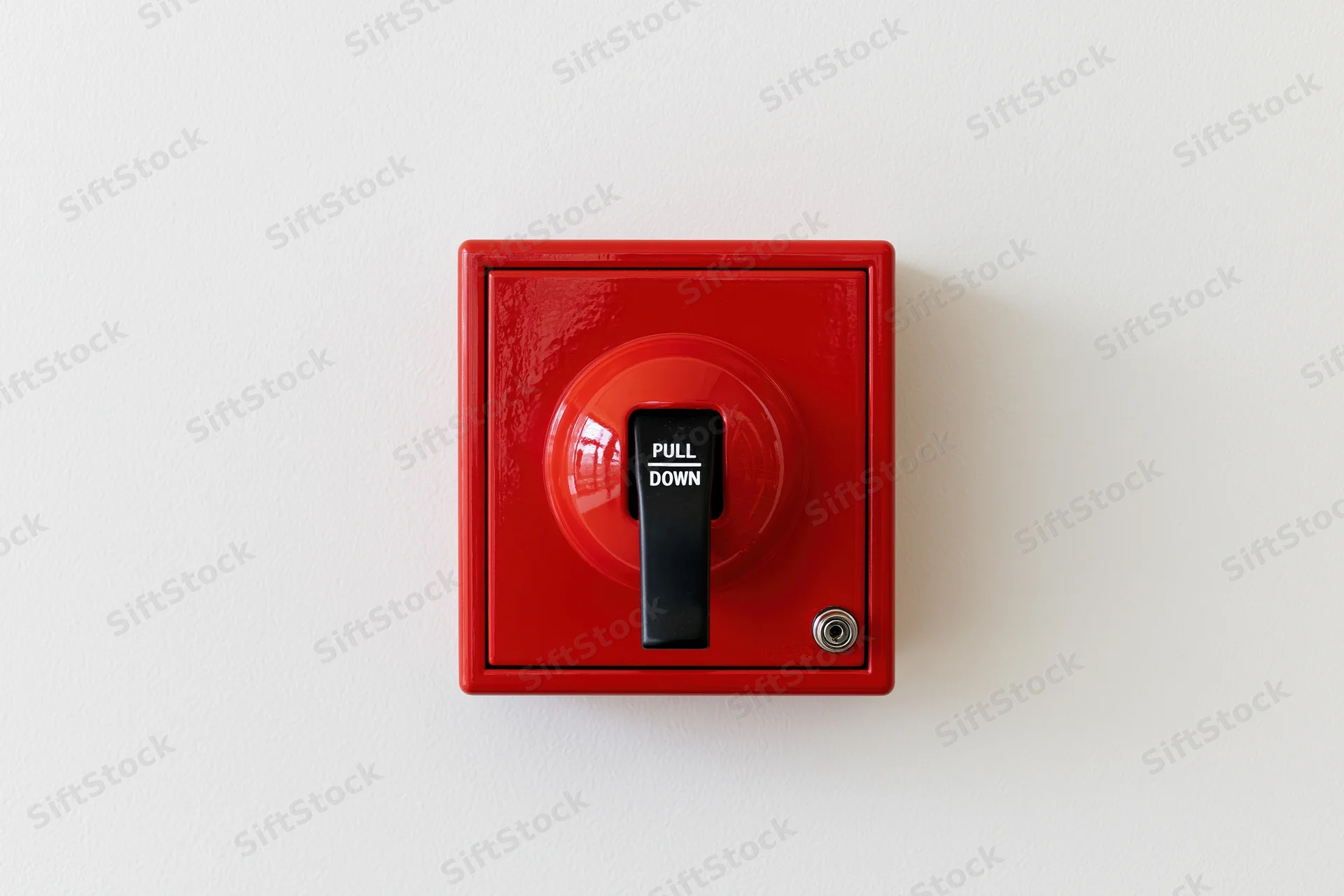 Red fire alarm pull station mounted on a white wall