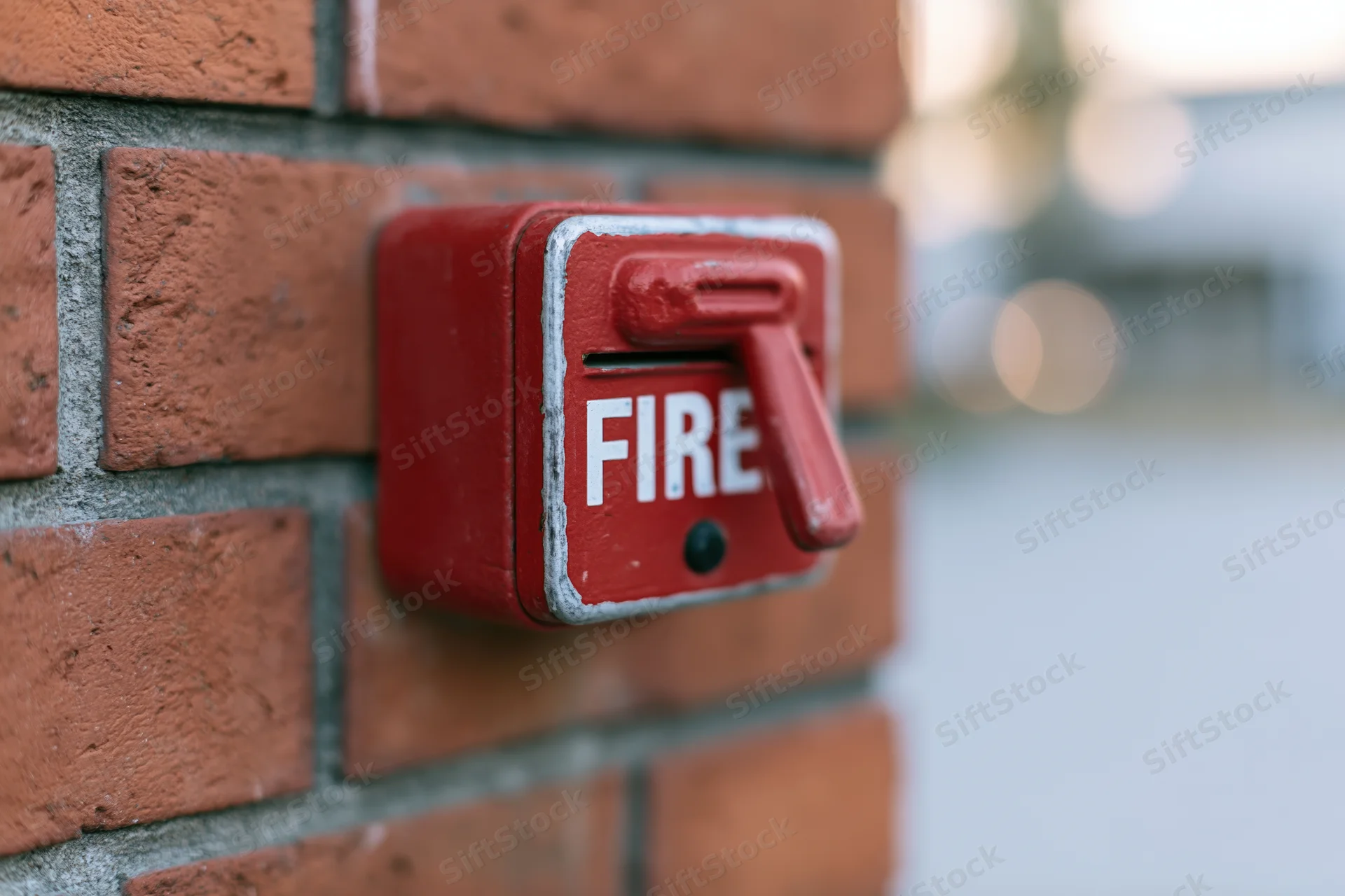 Red fire alarm pull station mounted on a brick wall outdoors