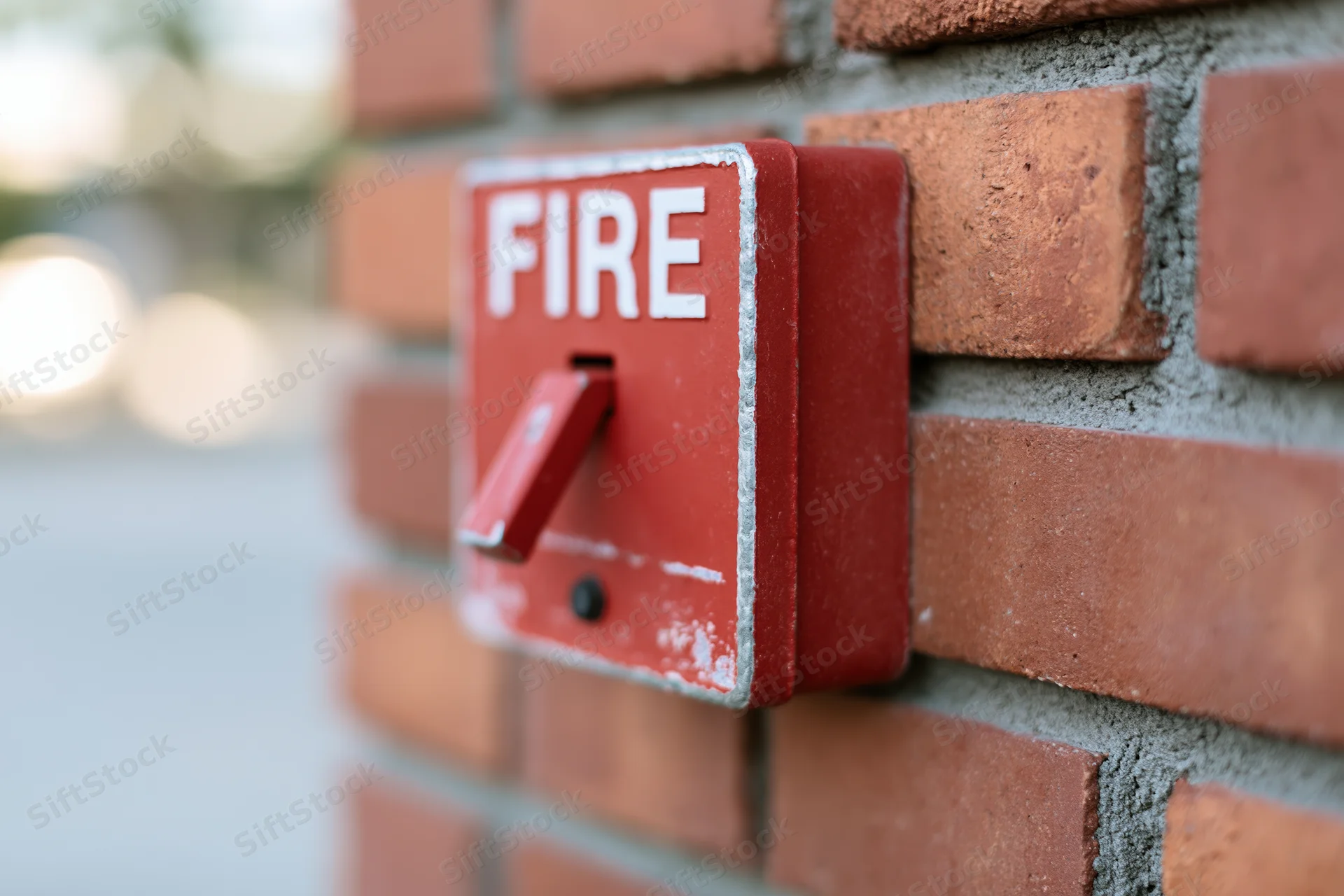 Red fire alarm pull station mounted on a brick wall exterior