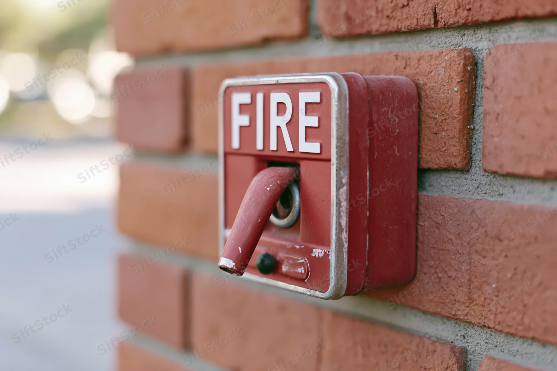 Red fire alarm pull station mounted on a brick wall exterior