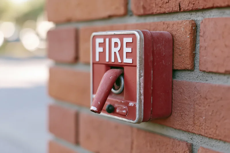 Red fire alarm pull station mounted on a brick wall exterior