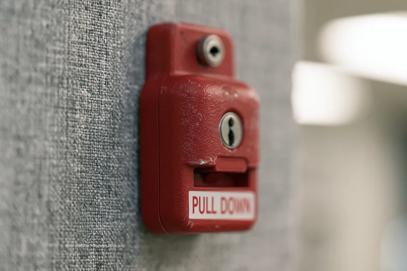 Red fire alarm pull station mounted on textured grey fabric wall