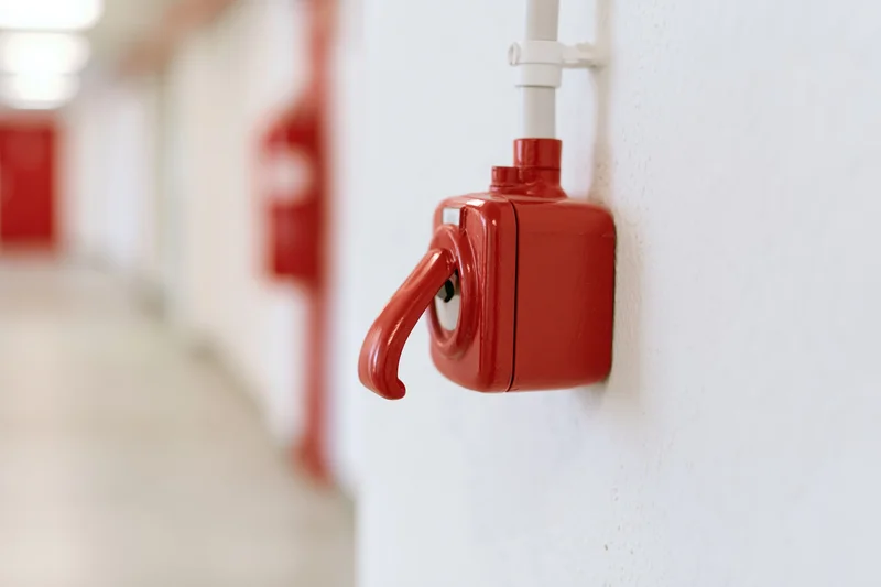 Red fire alarm pull station mounted on white interior wall in hallway