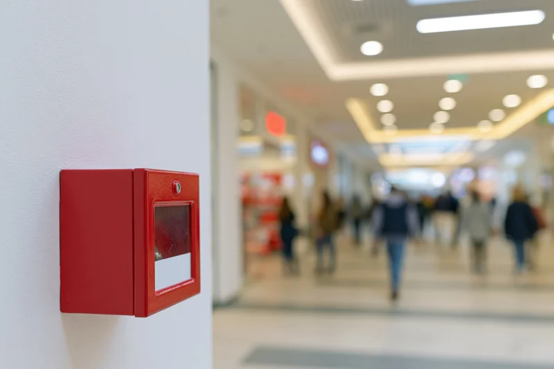 Red fire alarm pull station mounted on white wall in shopping mall corridor with people walking in background