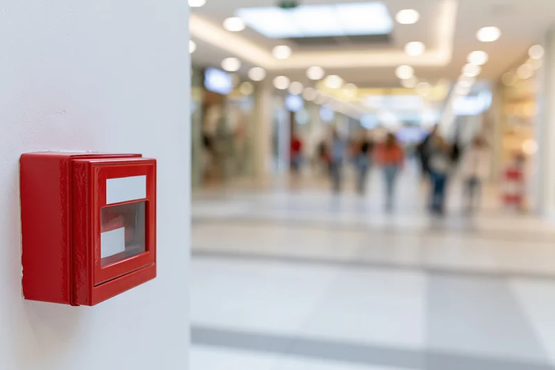 Red fire alarm pull station mounted on white wall in shopping mall corridor