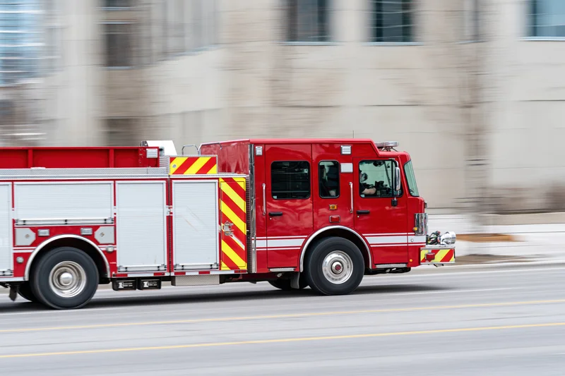 Red fire department engine truck speeding on city street with motion blur