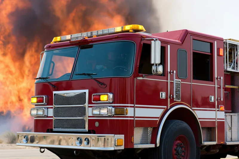 Red firetruck with flashing lights and flames in background, low front-quarter angle view