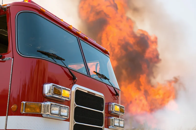 Red firetruck front quarter view with flames and smoke in background