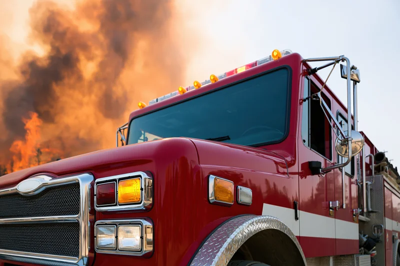 Red firetruck front quarter view with smoke and flames in background