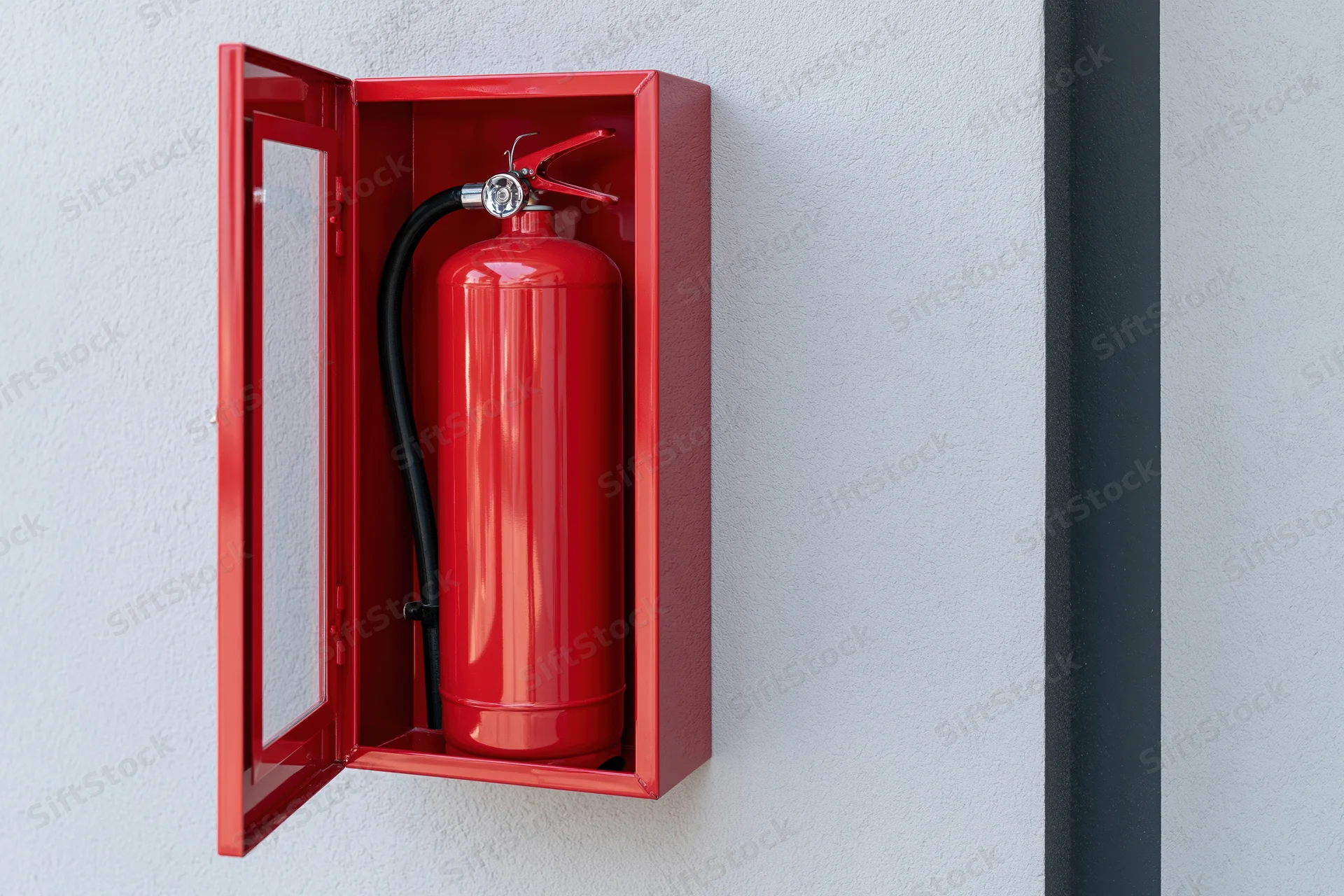 Red fire extinguisher in open metal cabinet mounted on wall