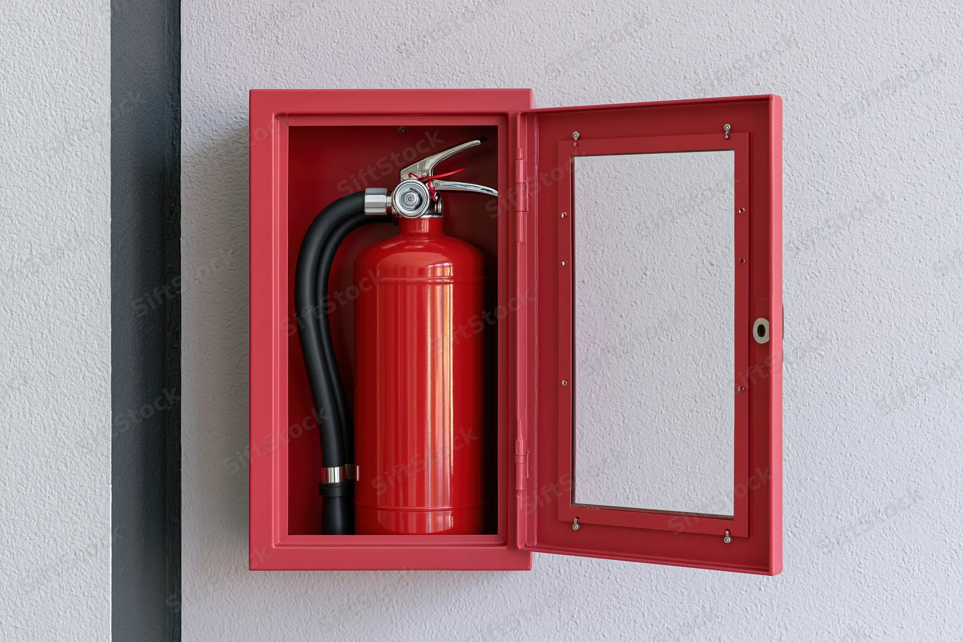 Red fire extinguisher mounted inside open red metal cabinet on white wall