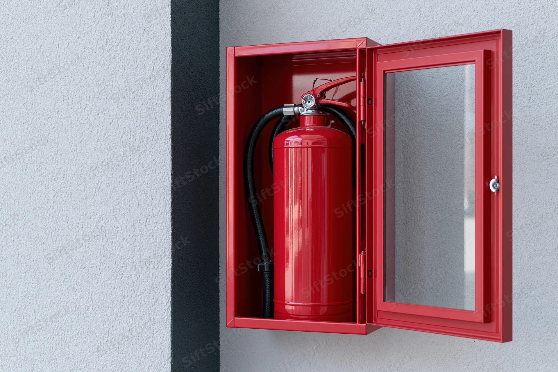 Red fire extinguisher inside open metal cabinet mounted on wall