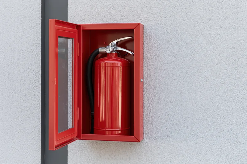 Red fire extinguisher in open metal cabinet mounted on textured wall