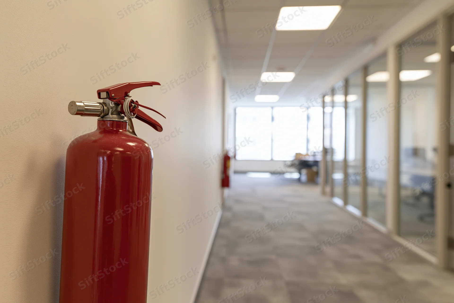 Red fire extinguisher mounted on beige wall in office corridor