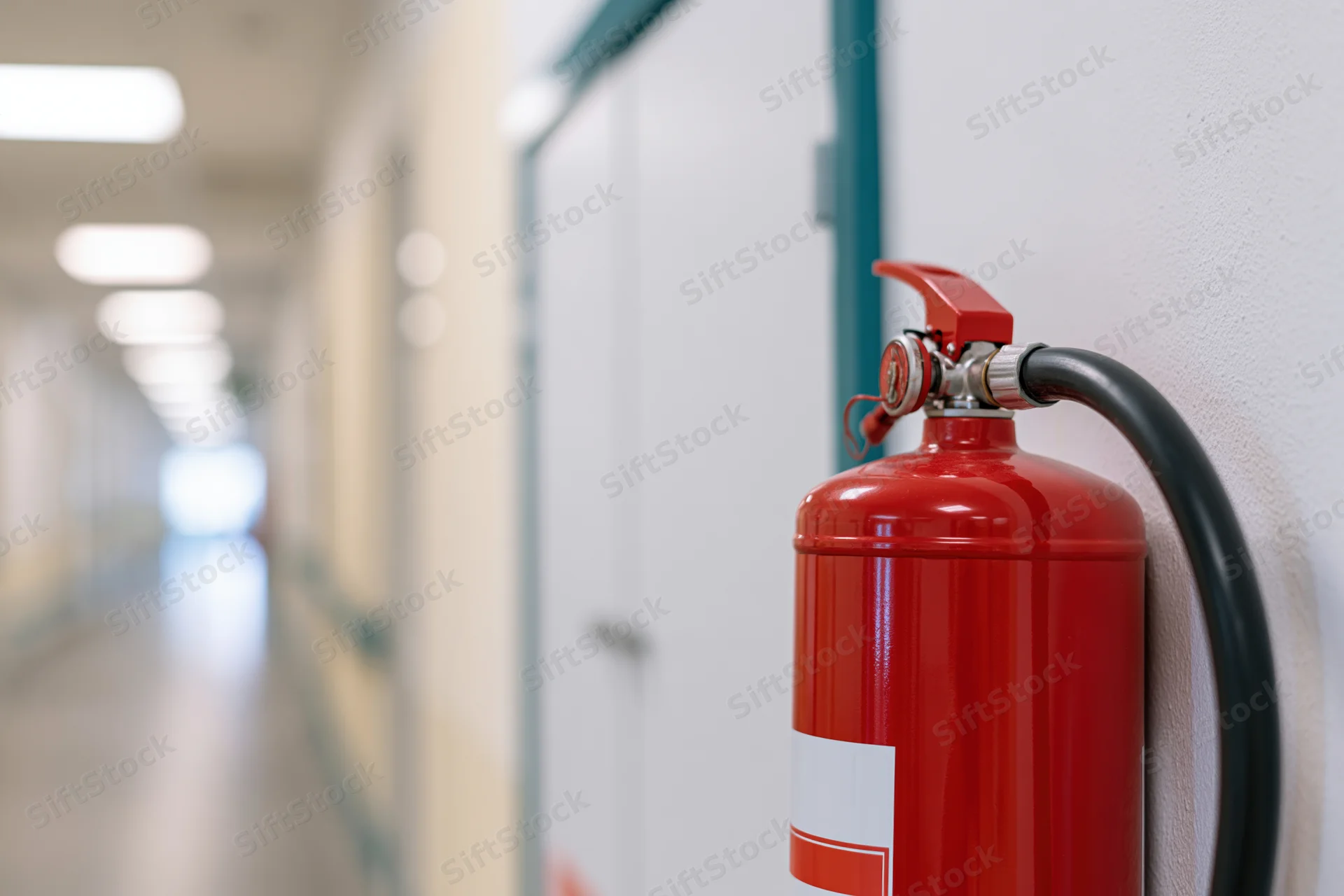 Red fire extinguisher mounted on white wall in hospital hallway
