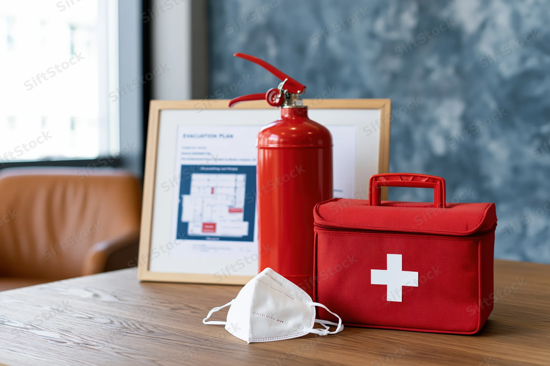 Red fire extinguisher and first aid kit on wooden desk beside framed evacuation plan in office setting