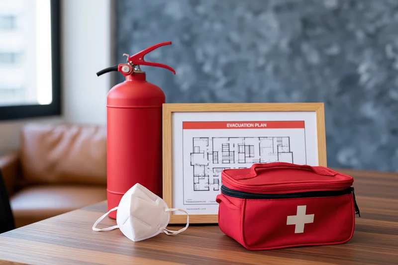 Red fire extinguisher, first aid kit, and framed evacuation plan on wooden table in office setting