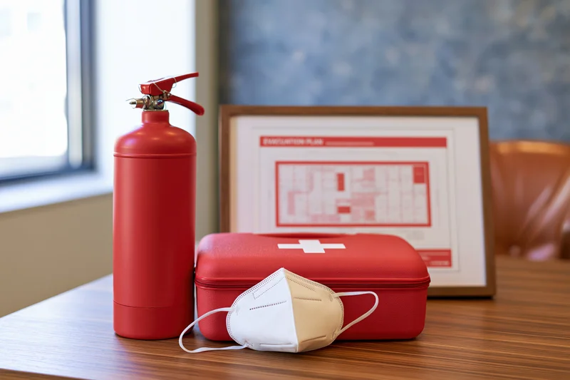 Red fire extinguisher, first aid kit and face mask on wooden desk beside framed evacuation plan in office interior