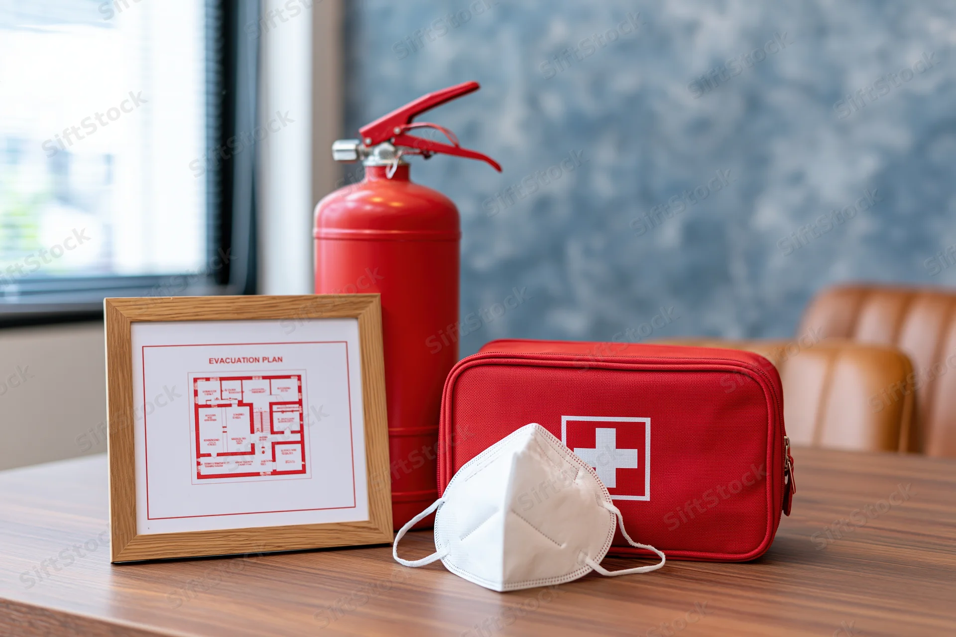 Red fire extinguisher, framed evacuation plan, first aid kit and face mask arranged on wooden desk in office setting