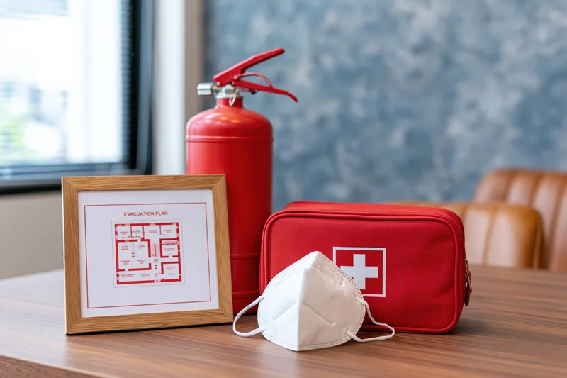 Red fire extinguisher, framed evacuation plan, first aid kit and face mask arranged on wooden desk in office setting
