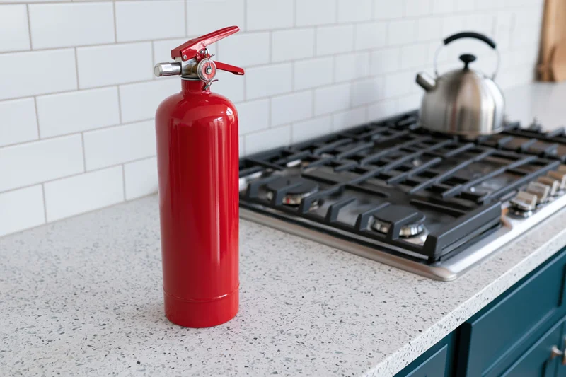 Red fire extinguisher standing on kitchen countertop beside gas stove with kettle on it