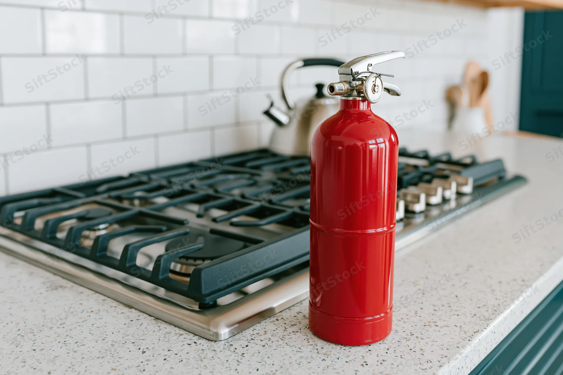Red fire extinguisher standing on kitchen countertop beside gas stove