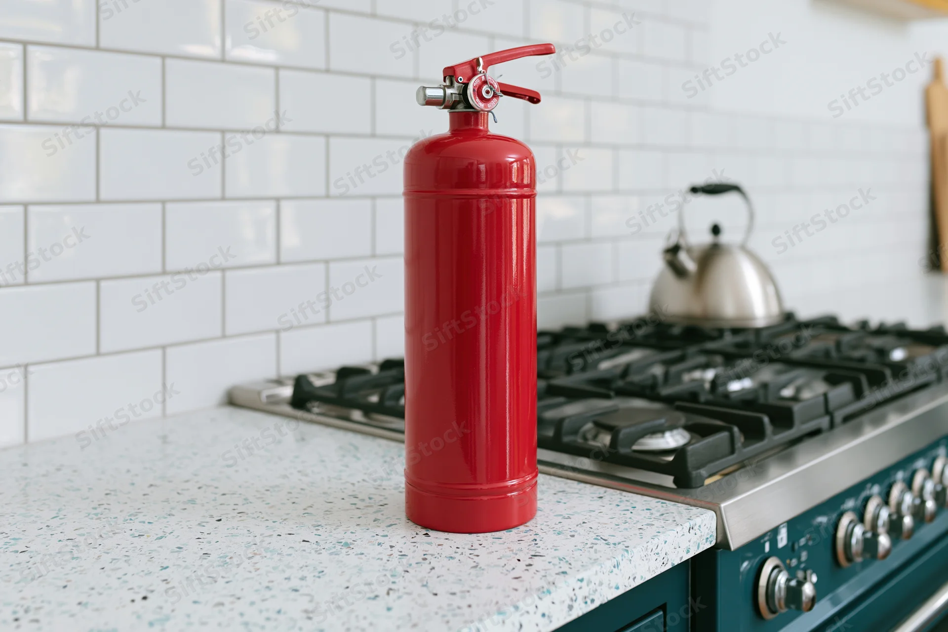 Red fire extinguisher standing on kitchen countertop beside gas stove