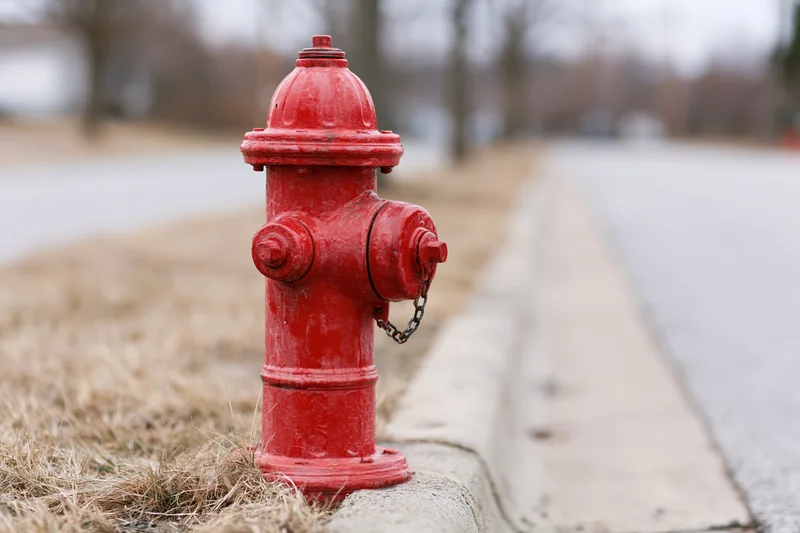 Red fire hydrant on concrete sidewalk edge beside dry grass and street