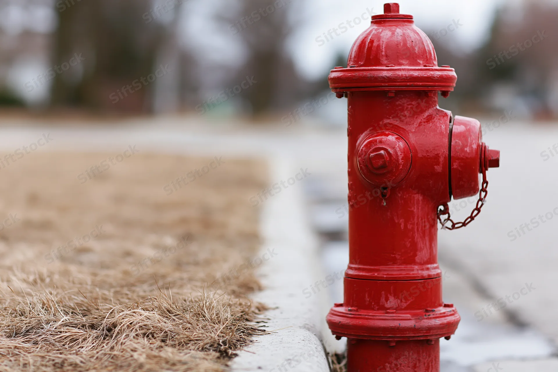 Red fire hydrant standing on concrete sidewalk edge beside dry grass in residential area