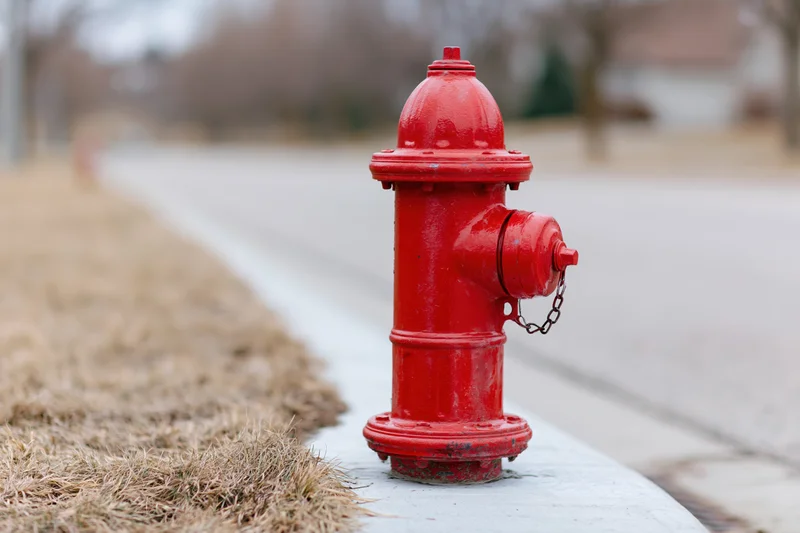 Red fire hydrant on concrete sidewalk edge beside dry grass in residential neighborhood
