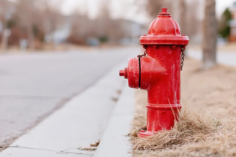 Red fire hydrant on concrete sidewalk edge beside dry grass in suburban street