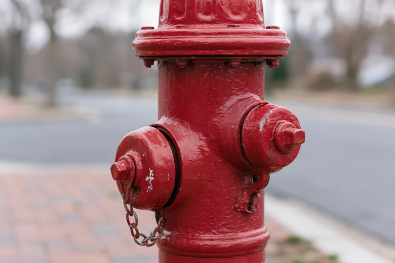 Red fire hydrant with chain attached, close-up on sidewalk beside street
