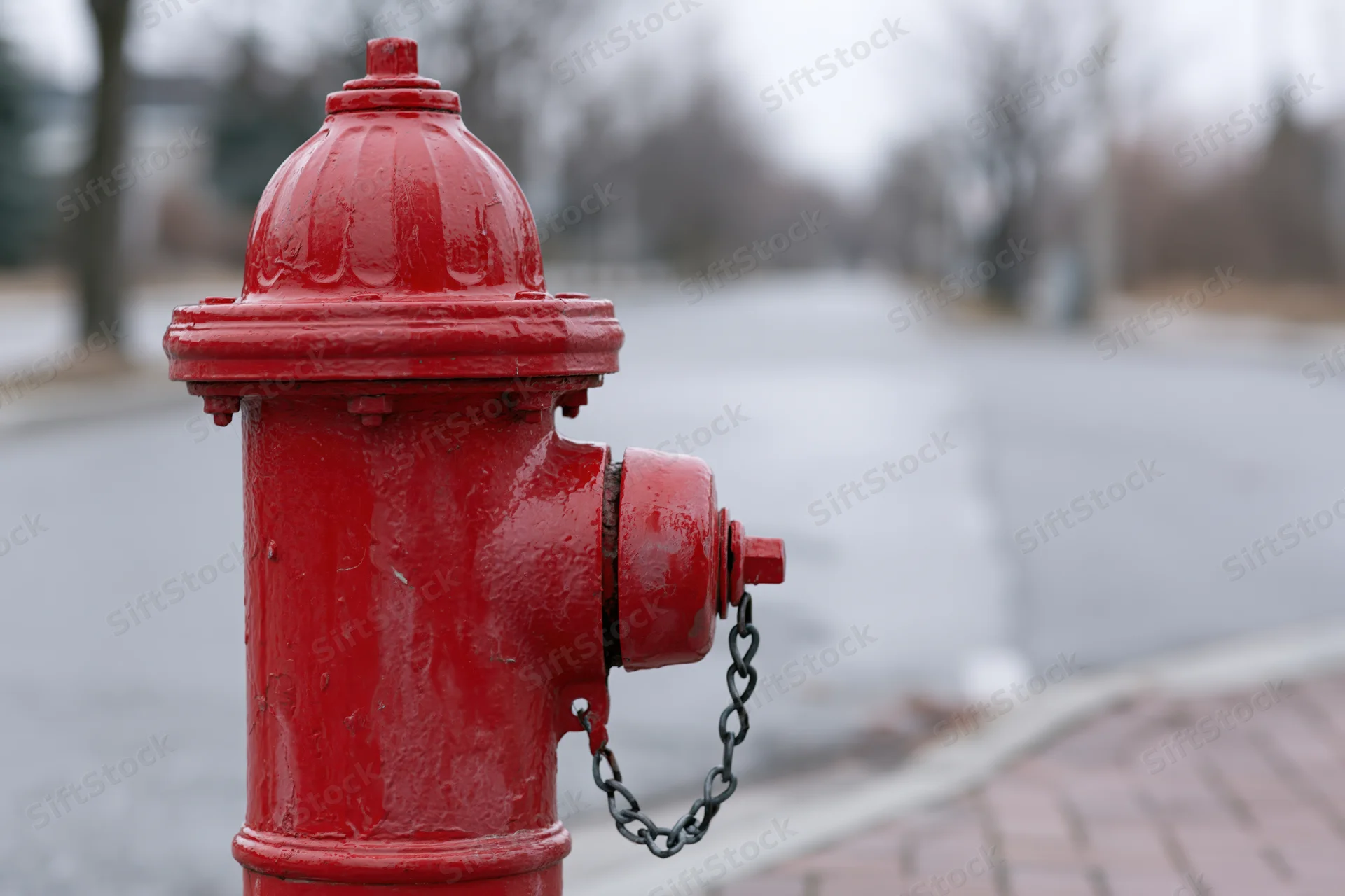 Red fire hydrant with chain on wet pavement near sidewalk in overcast weather