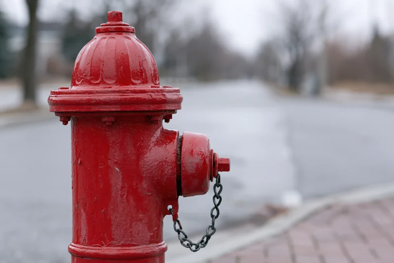Red fire hydrant with chain on wet pavement near sidewalk in overcast weather