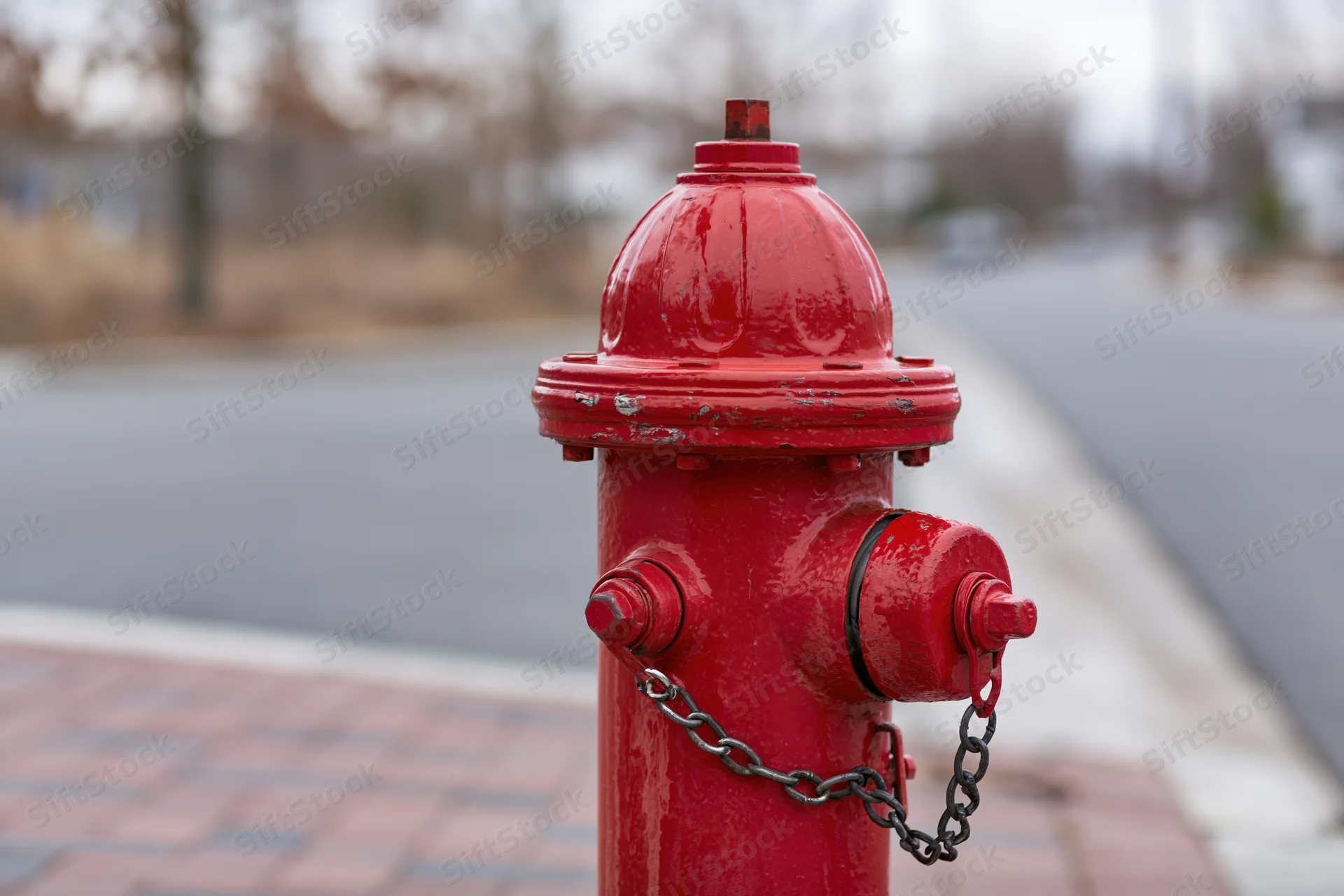 Red fire hydrant with chain on brick sidewalk beside road