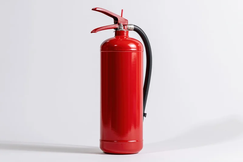 Red portable fire extinguisher standing upright on a white background