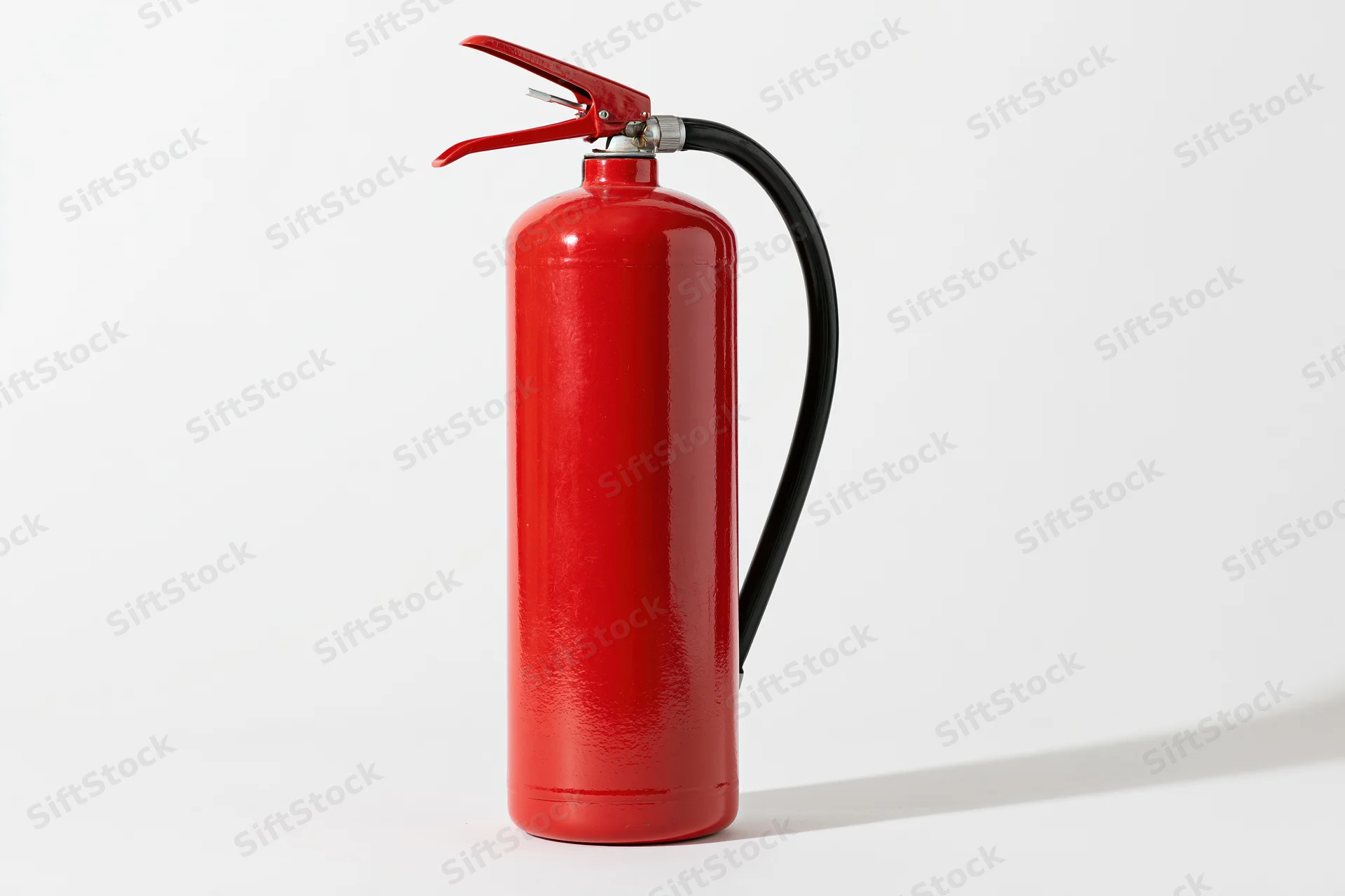 Red portable fire extinguisher standing upright on a white background