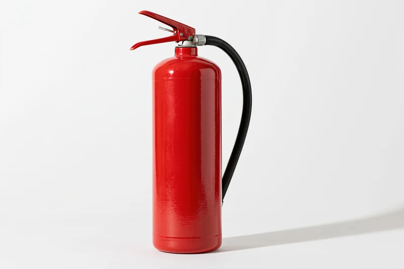 Red portable fire extinguisher standing upright on a white background