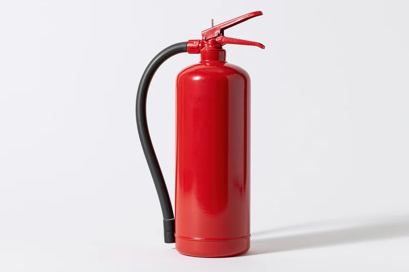 Red portable fire extinguisher standing upright on a white background