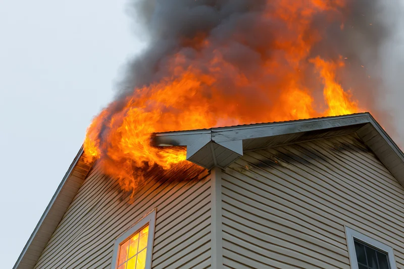 Flames erupting from roof of residential house during daytime