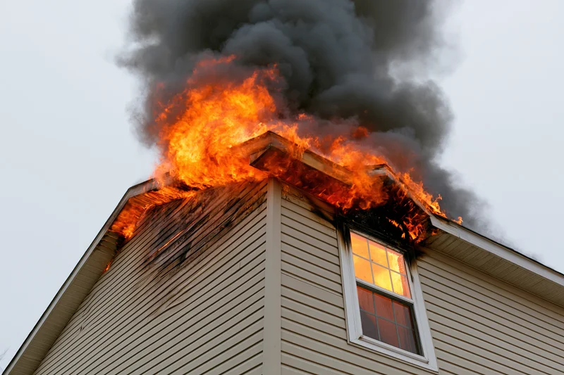 Flames engulfing the roof of a residential house with thick smoke rising