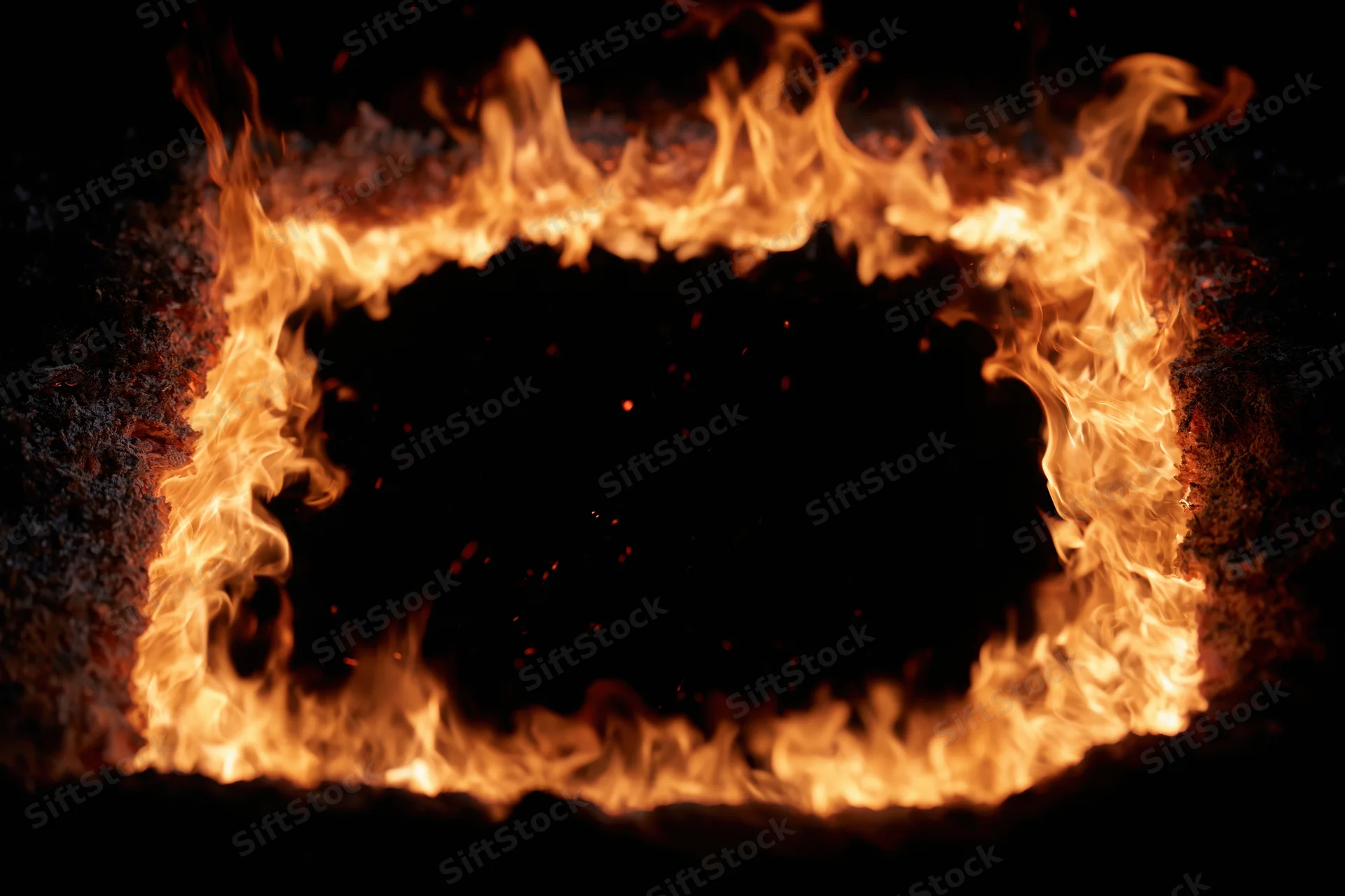 Ring of flames forming a rectangular border around a dark center