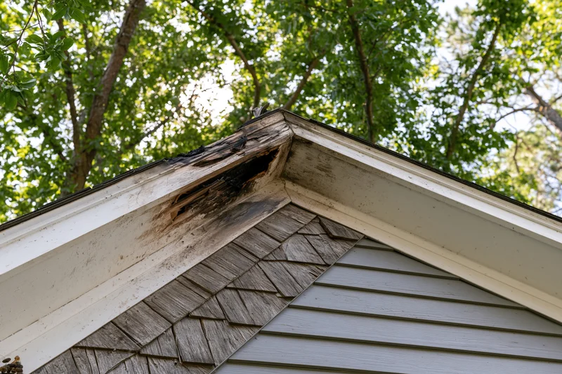 Damaged roof peak of a residential house with charred wood and siding under trees