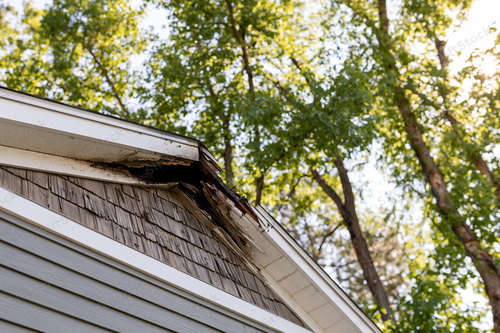 Damaged roofline of a residential house with charred shingles and soot near the gutter, set against trees and sky