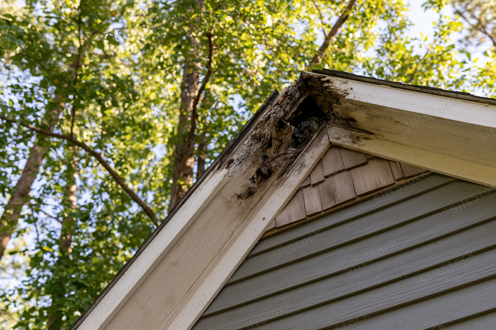 Damaged roof peak of a residential house with rotting wood and siding against trees