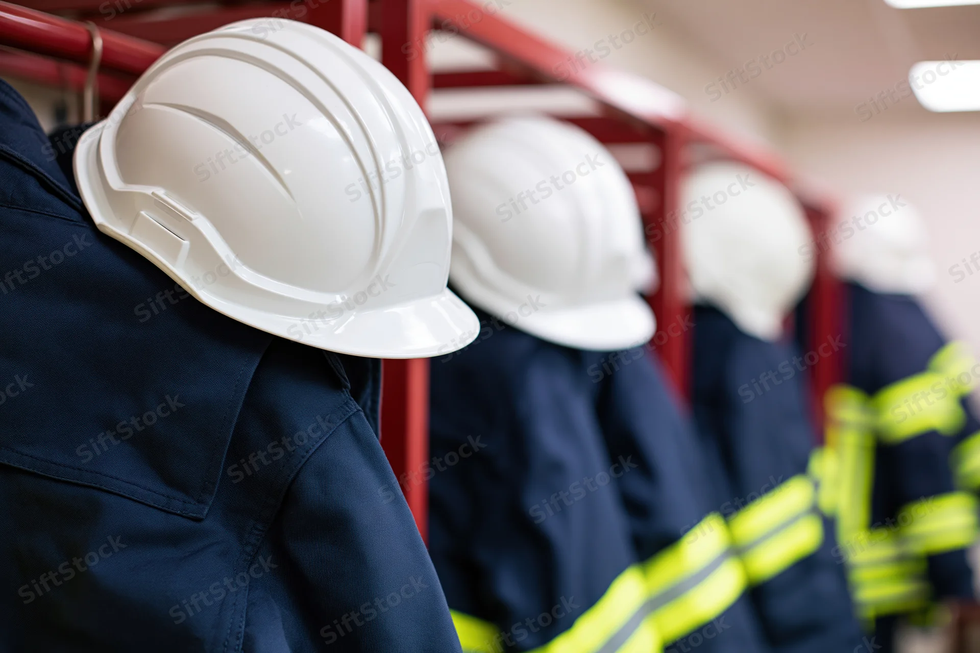 Row of navy blue firefighter turnout gear with white helmets hanging on red metal rack