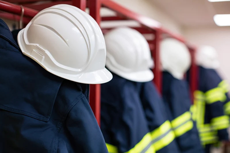 Row of navy blue firefighter turnout gear with white helmets hanging on red metal rack